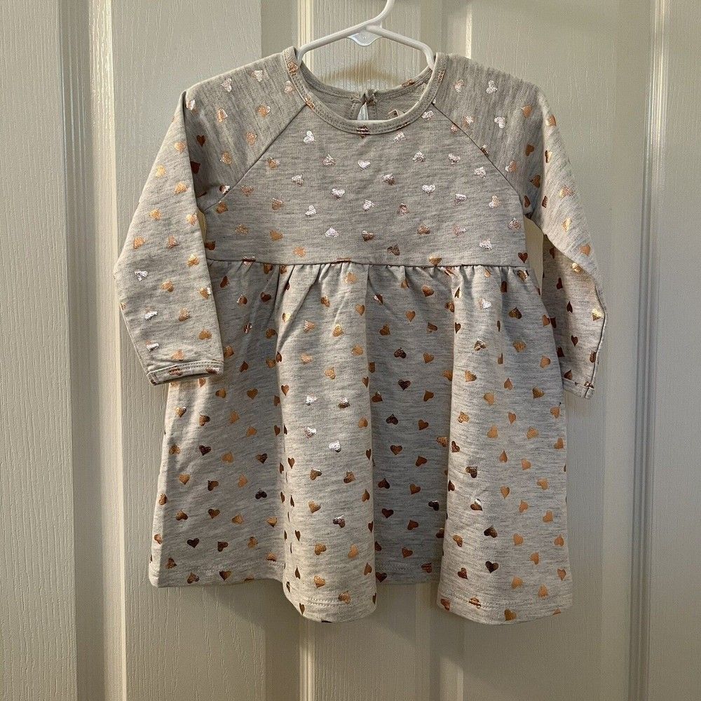 Peek Kids Gold Foil Hearts Long Sleeve Dress Baby Girls Size 12-18 Months NWT